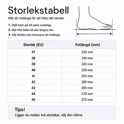 Storlekstabell för fritidsskor med EU-storlekar och fotlängd i mm