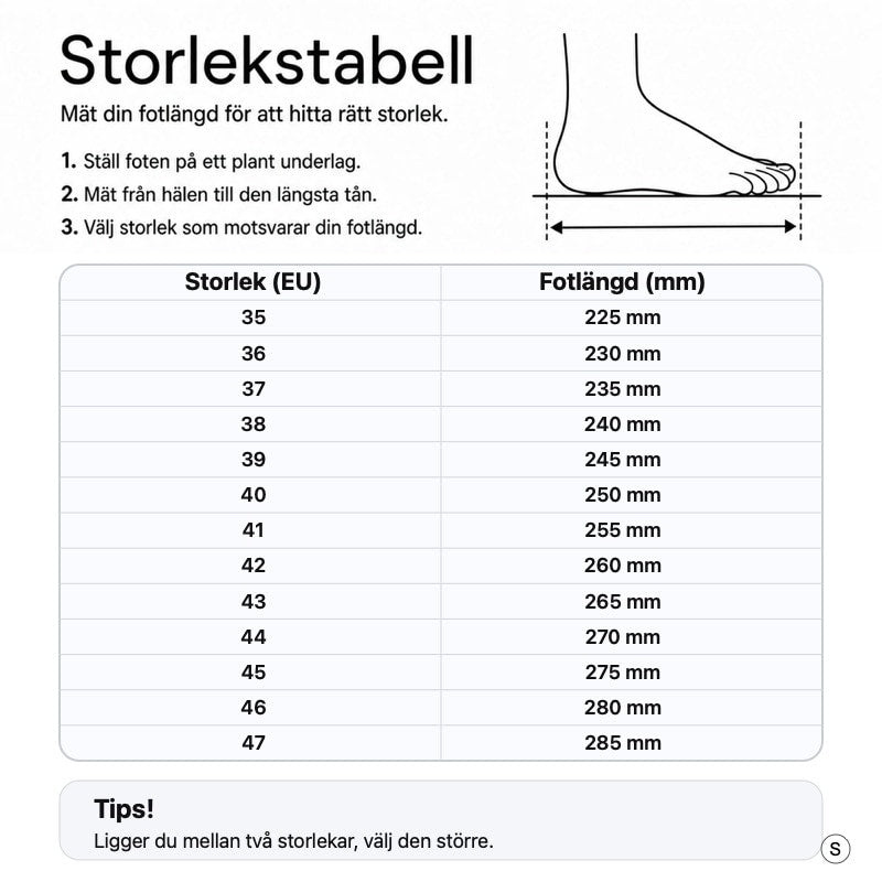 Storlekstabell för tofflor: EU 35–47, fotlängd 225–285 mm