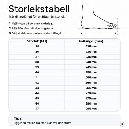 Storlekstabell för tofflor: EU 35–47, fotlängd 225–285 mm