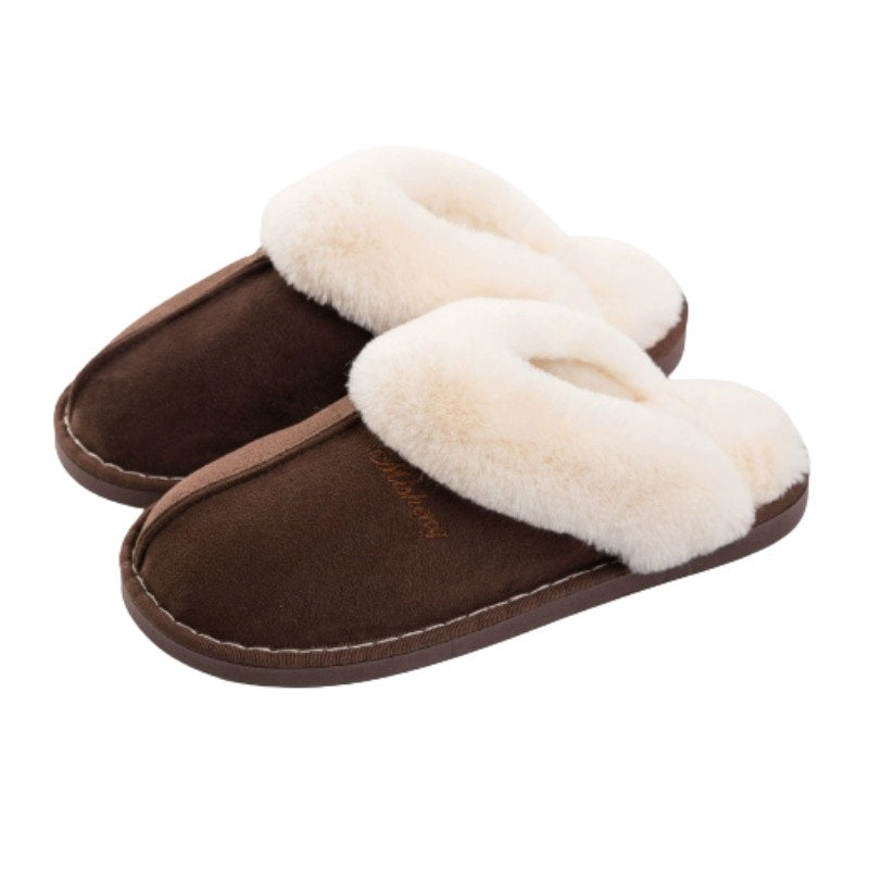 Innetofflor slip-on i mörkbrun mocka med vitt, mjukt foder