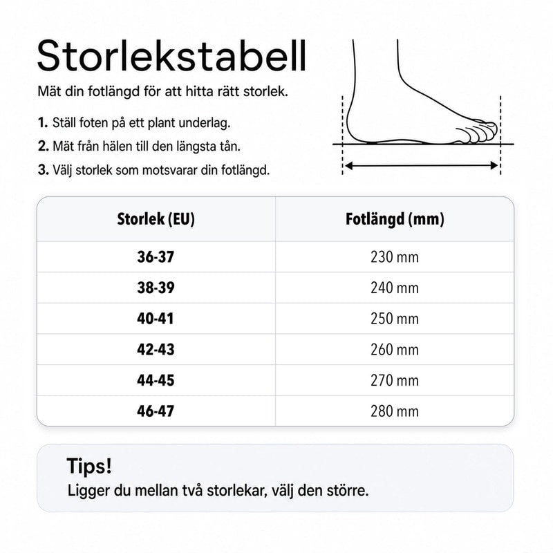 Storlekstabell för innetofflor med mått i EU-storlek och fotlängd