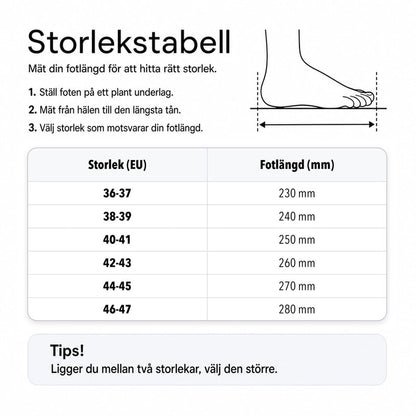 Storlekstabell för innetofflor med mått i EU-storlek och fotlängd