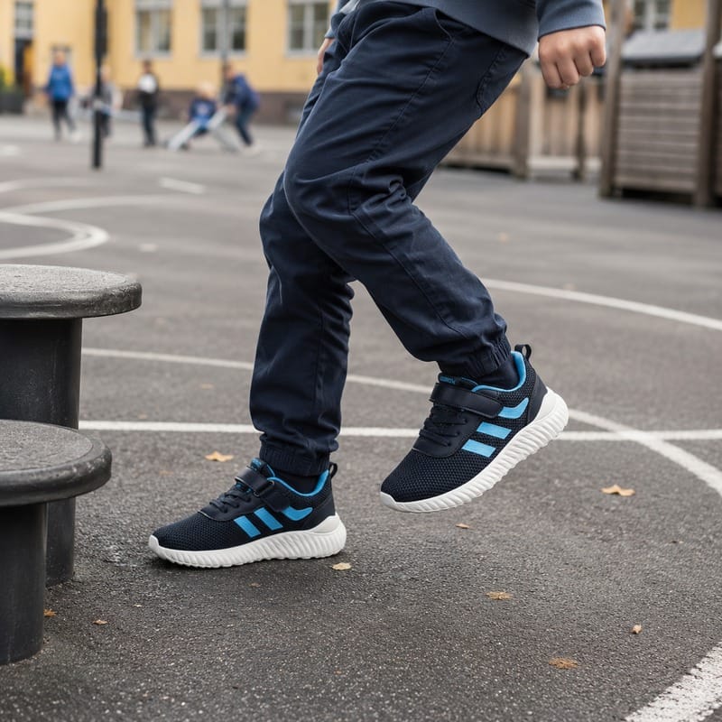 Barnsneakers med ventilerande mesh, mörkblå med blå ränder och kardborrerem.