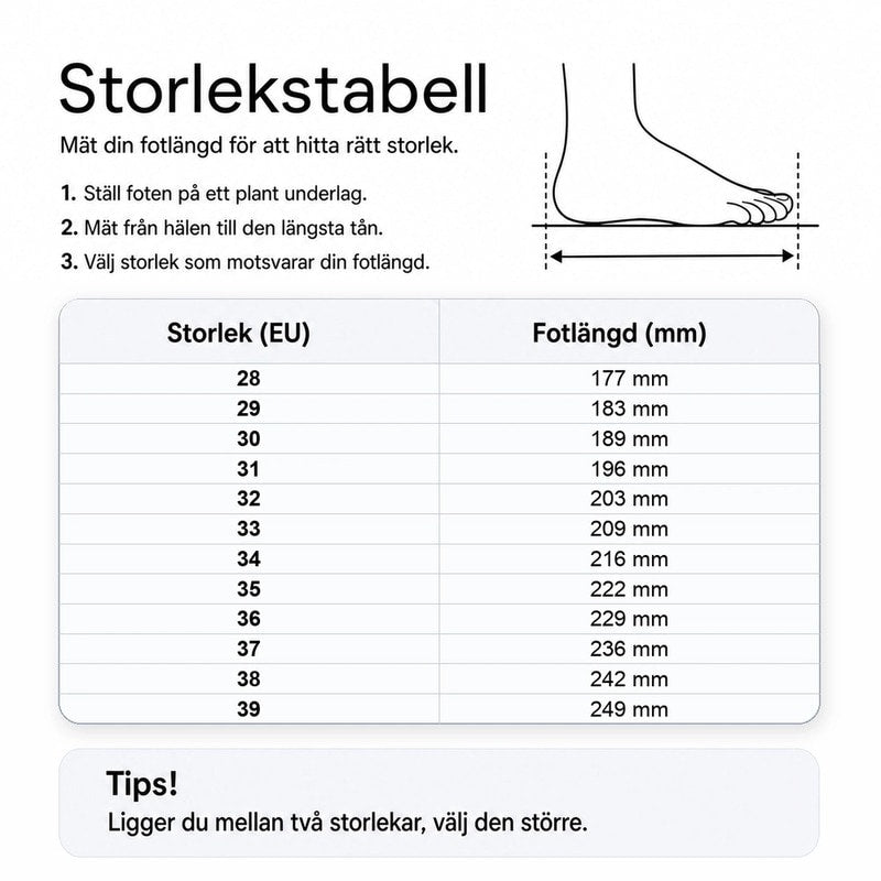Storlekstabell för barnskor med EU-storlekar och fotlängd i mm.