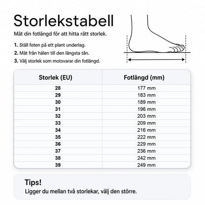 Storlekstabell för barnskor med EU-storlekar och fotlängd i mm.