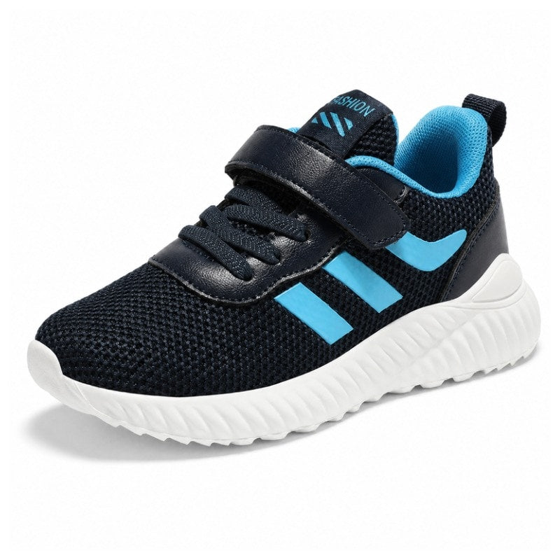 Barnsneakers i ventilerande mesh, marinblå med turkosa ränder och kardborrerem.