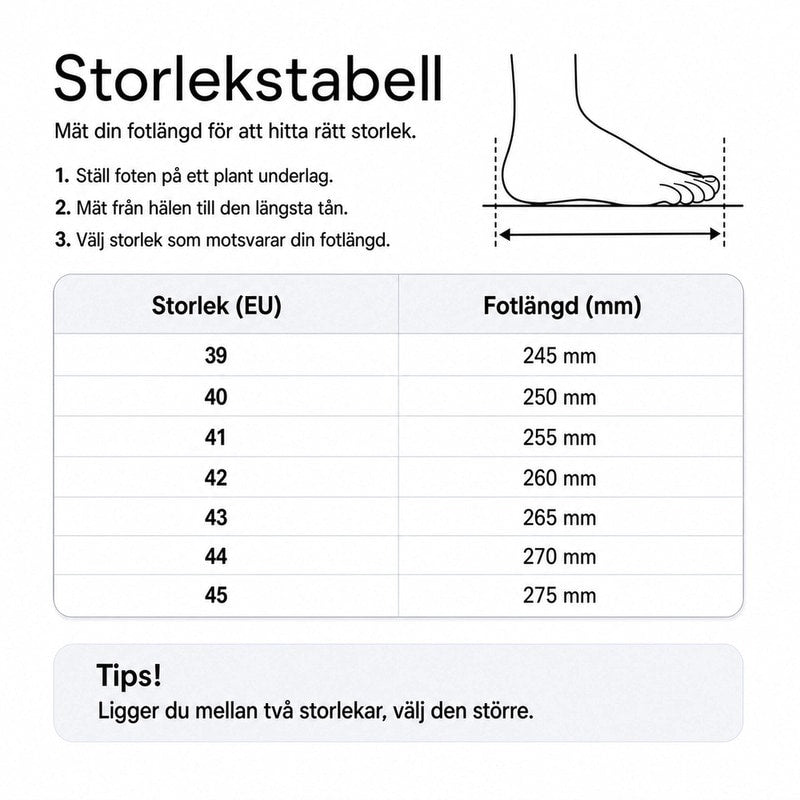 Storlekstabell för skor med fotlängd i mm och EU-storlekar 39–45