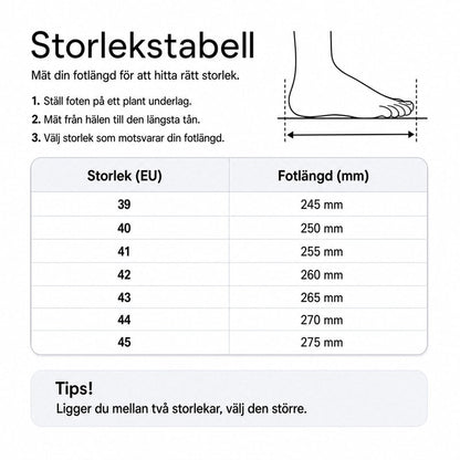 Storlekstabell för skor med fotlängd i mm och EU-storlekar 39–45