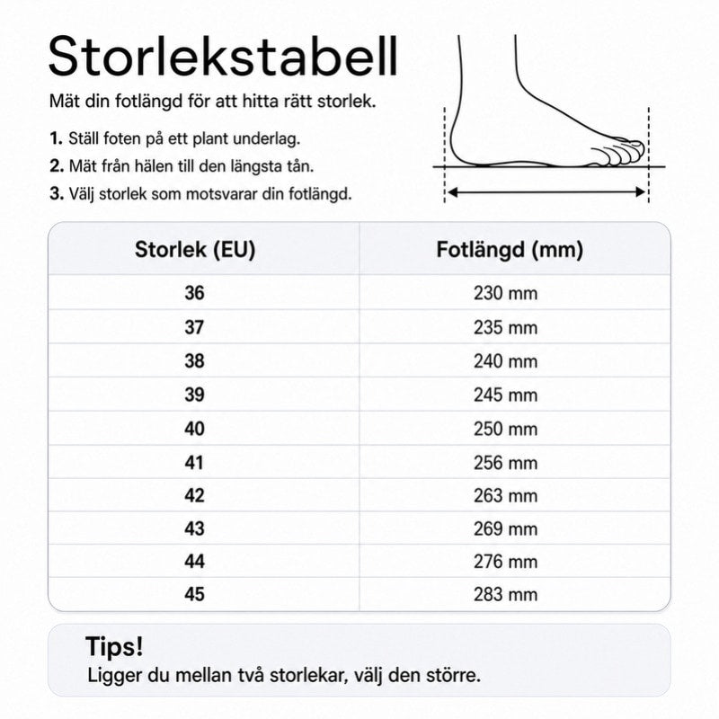 Storlekstabell med EU-storlek och fotlängd för skor