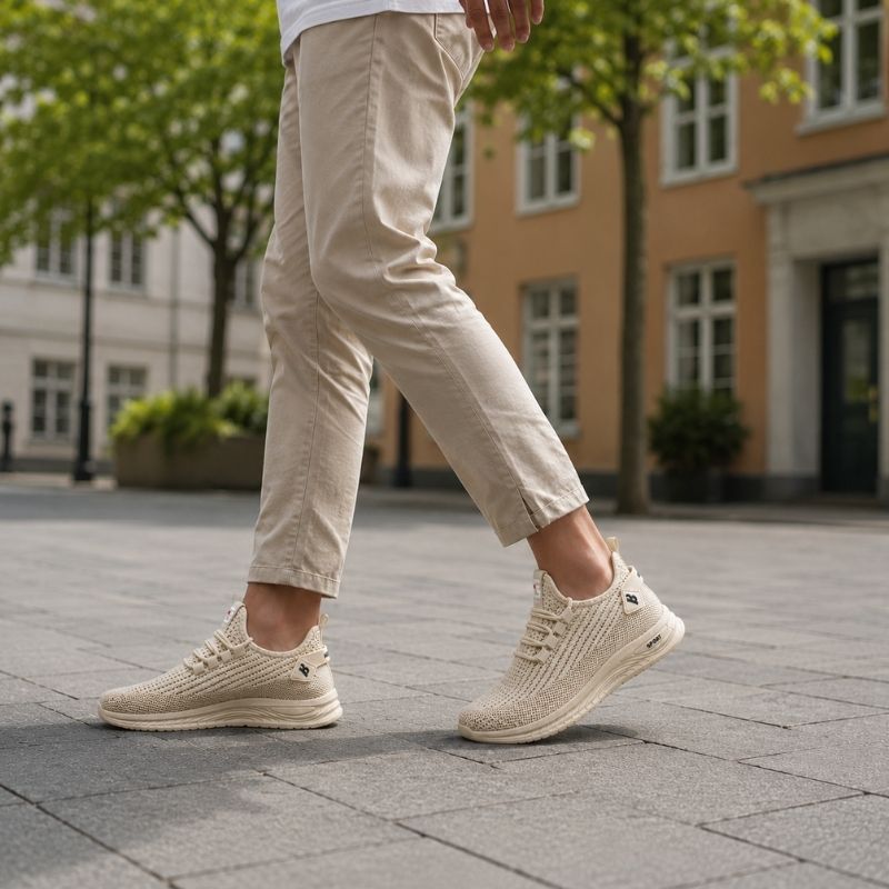 Beiga mesh-sneakers med snörning, bärs med ljusa byxor