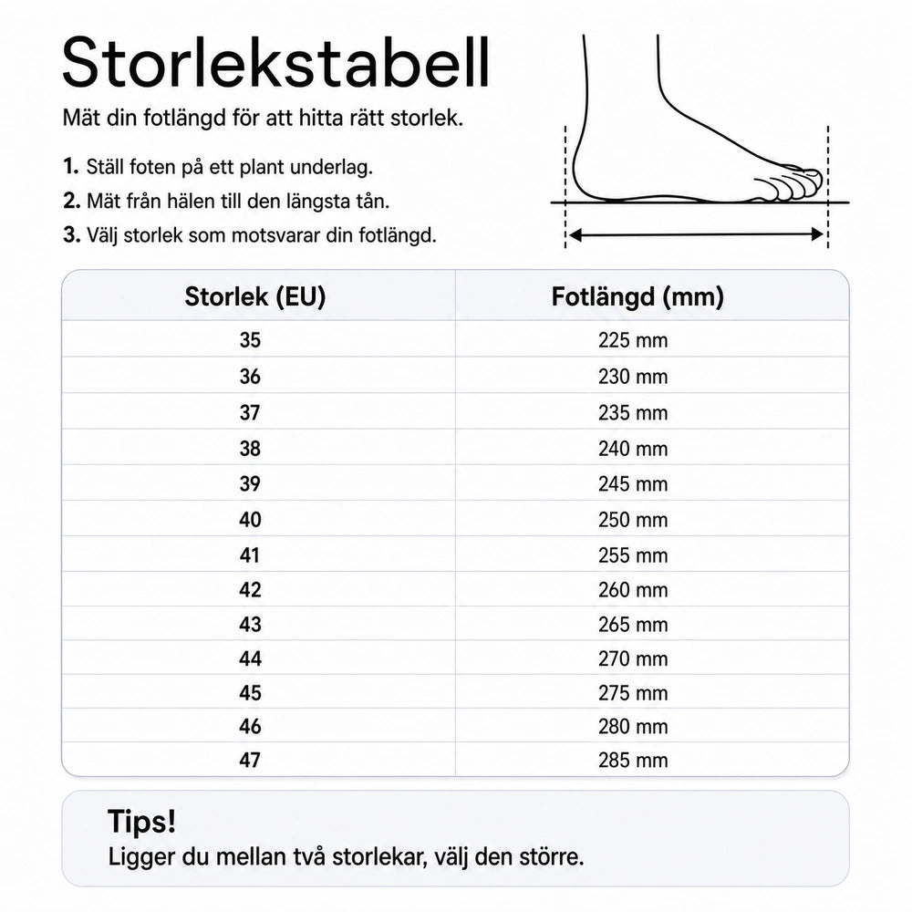 Storlekstabell: EU-storlek och fotlängd (mm) för outdoor-kängor