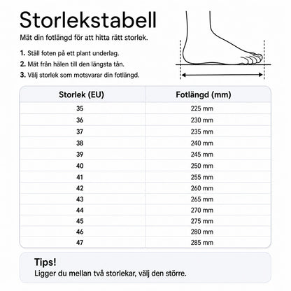 Storlekstabell: EU-storlek och fotlängd (mm) för outdoor-kängor