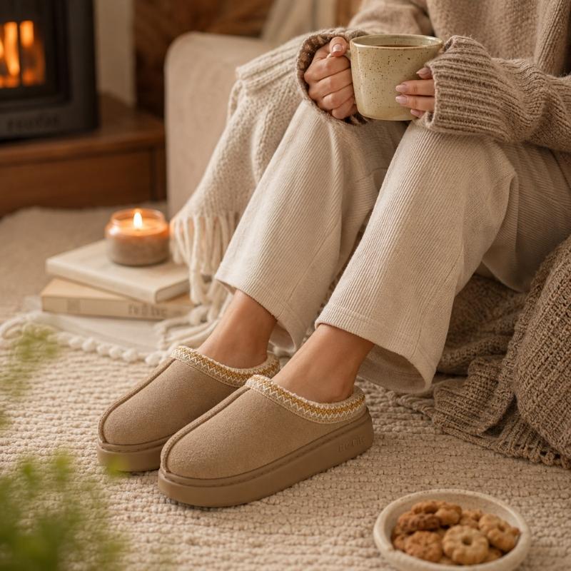 Tofflor i mocka med mjuk innesida, ljusbruna slip-on med synlig sidsöm