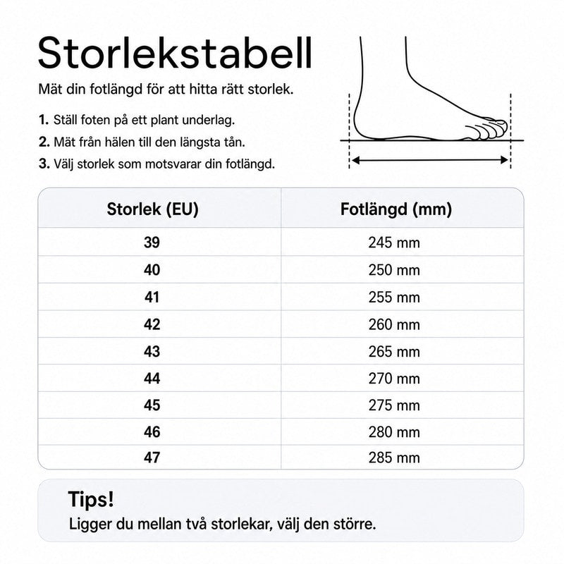 Storlekstabell med EU-storlek och fotlängd i mm.
