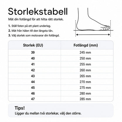 Storlekstabell med EU-storlek och fotlängd i mm.