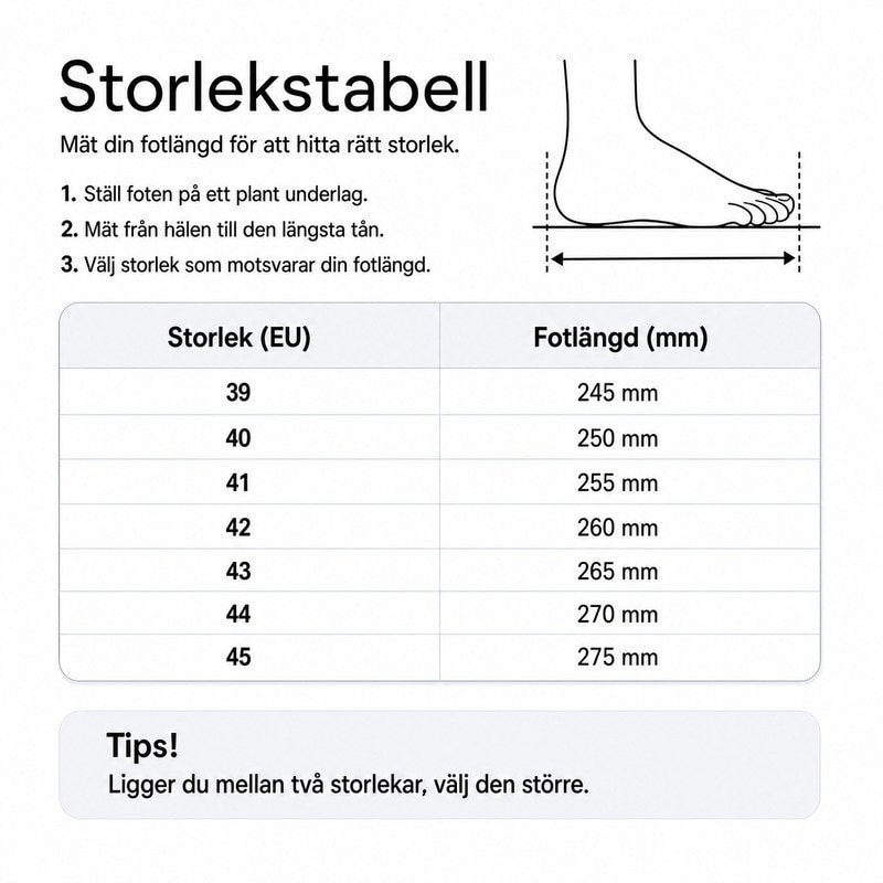 Storlekstabell för vandringsskor: EU-storlek och fotlängd i mm