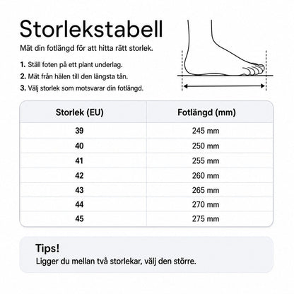 Storlekstabell för vandringsskor: EU-storlek och fotlängd i mm
