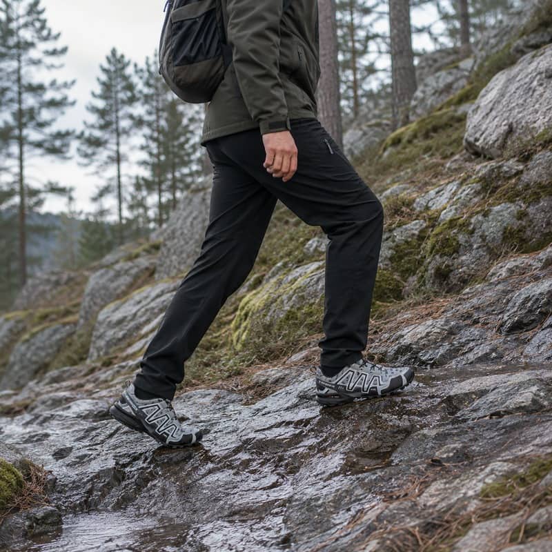Vandringsskor på klipplig stig, mörka skor med mönstrad gummisula