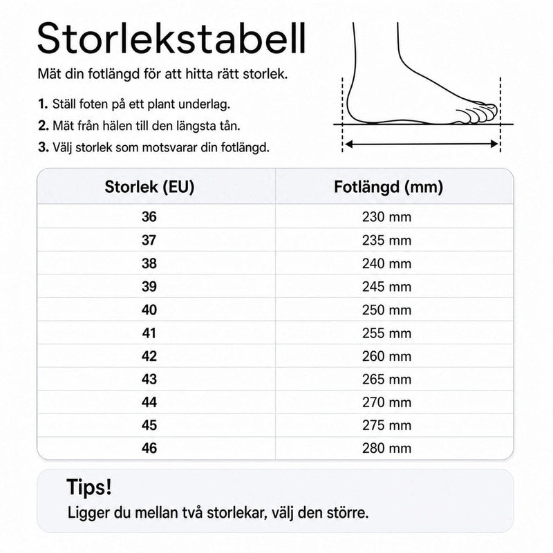Storlekstabell för vandringsskor med EU-storlek och fötlängd i mm