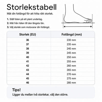 Storlekstabell för vandringsskor med EU-storlek och fötlängd i mm