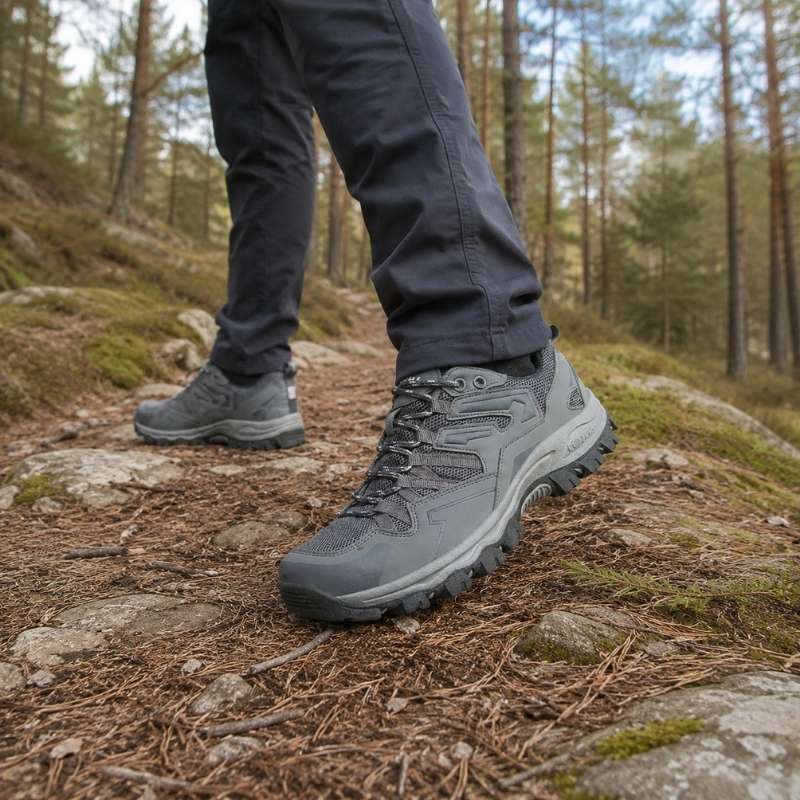 Vandringsskor i mörkgrått med kraftig sula i terräng, på stenig stig