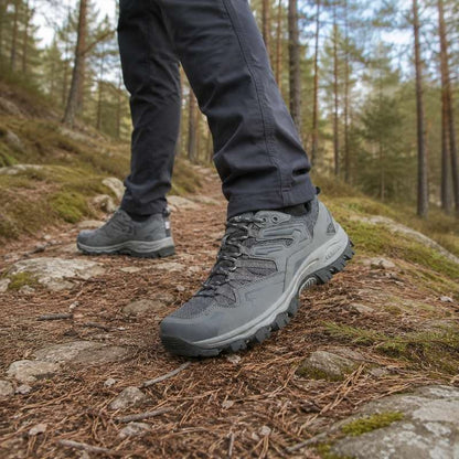 Vandringsskor i mörkgrått med kraftig sula i terräng, på stenig stig