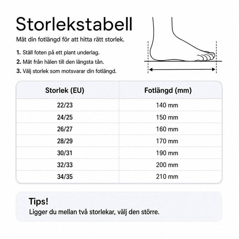 Storlekstabell för barnofflor med fotlängd i mm och EU-storlekar 22/23–34/35.