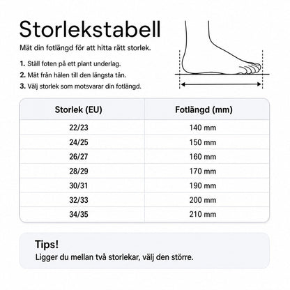 Storlekstabell för barnofflor med fotlängd i mm och EU-storlekar 22/23–34/35.