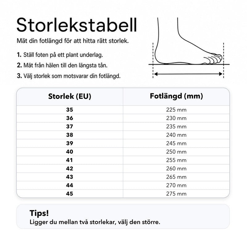 Storlekstabell (EU) för innetofflor med fotlängd i mm