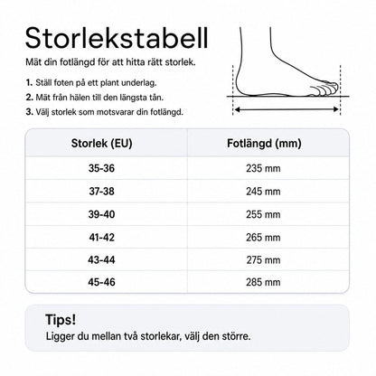 Storlekstabell för skosulor: EU-storlek och fotlängd i mm