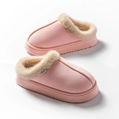 Tofflor, slip-on, rosa med beige fuskpäls och brun sula.