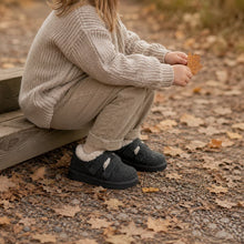 Svarta varmfodrade sneakers med kardborre och fuskpälsfoder på barns fötter