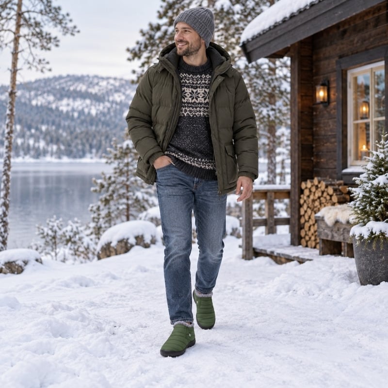 Varmfodrade slip-on skor i grön med grå pälskant och mörk sula