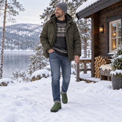 Varmfodrade slip-on skor i grön med grå pälskant och mörk sula
