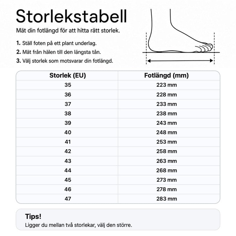 Storlekstabell för varmfodrade slip-on skor: EU-storlek och innermått i mm