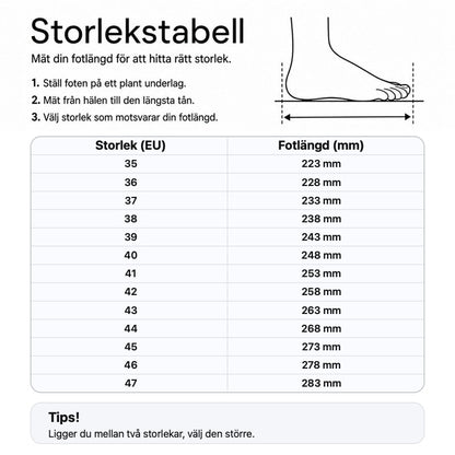 Storlekstabell för varmfodrade slip-on skor: EU-storlek och innermått i mm