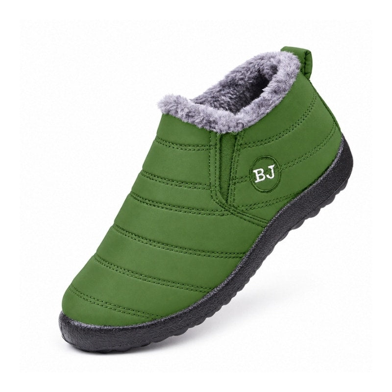 Varmfodrade slip-on skor i lila med grå pälskant och svart, tjock sula