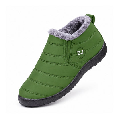 Varmfodrade slip-on skor i lila med grå pälskant och svart, tjock sula