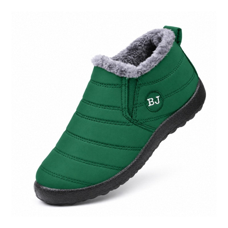 Varmfodrade slip-on skor i grön med grå pälskant och randad, kraftig sula