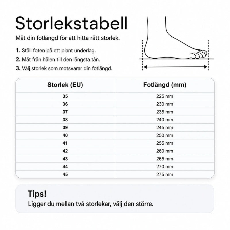 Storleksstabell med EU-storlek och fotlängd i mm för vinterkängor