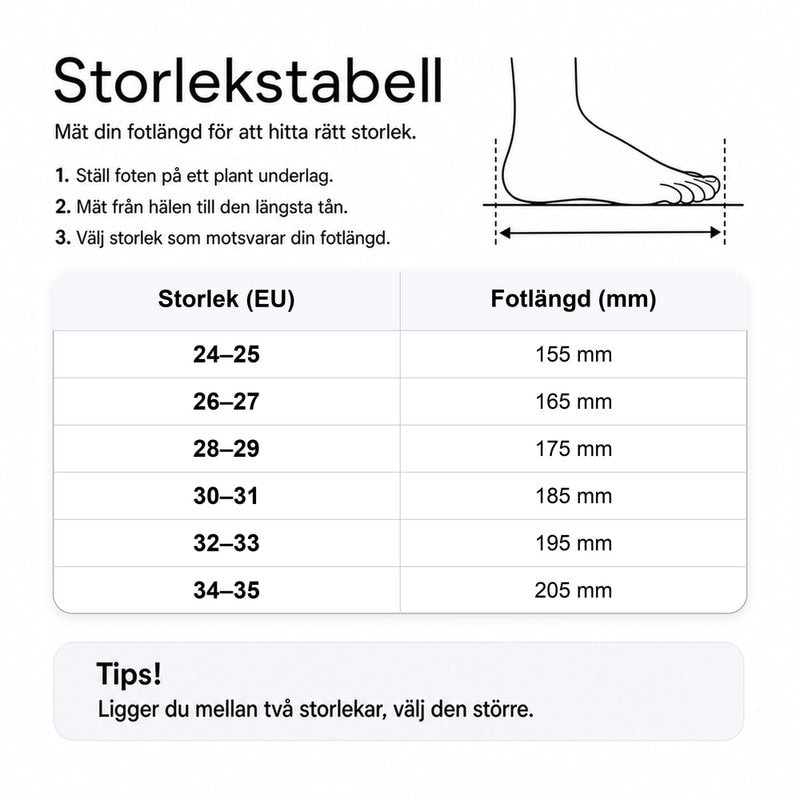 Storlekstabell för barnstövlar med varmt foder: fotlängd i mm per EU-storlek.