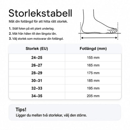 Storlekstabell för barnstövlar med varmt foder: fotlängd i mm per EU-storlek.