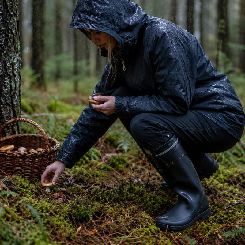 Svarta vattentäta regnstövlar med högt skaft, snördetaljer och tjock sula