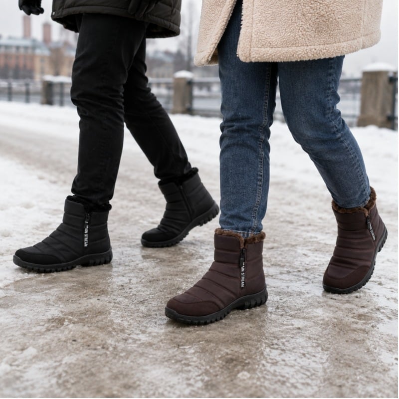 Vinterkängor i svart och mörkbrun med varmt foder, dragkedja och profilerad sula
