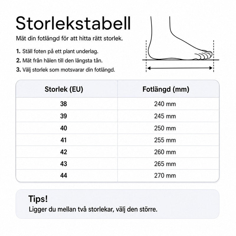 Storlekstabell med fotlängd i mm för vinterkängor (EU 38–44)