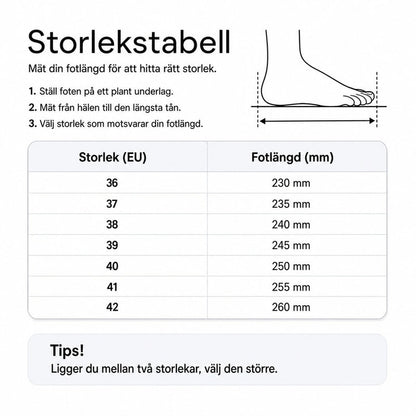 Storlekstabell för damvinterkängor med EU-storlek och fotlängd i mm.