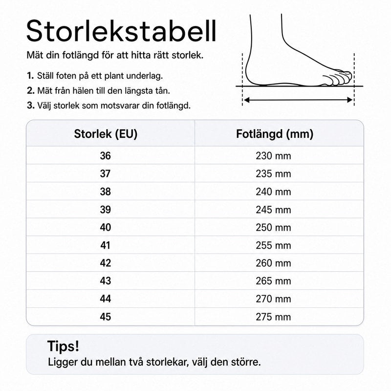 Storlekstabell med EU-storlek och fotlängd i mm för vinterkängor
