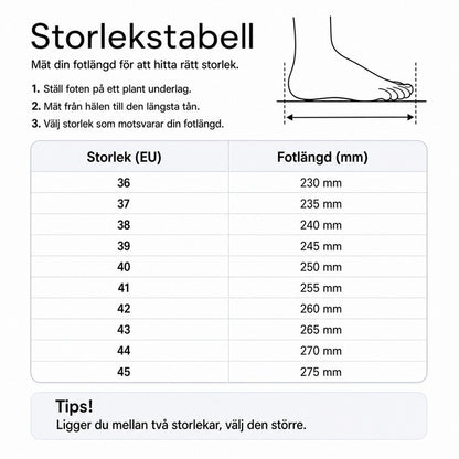 Storlekstabell med EU-storlek och fotlängd i mm för vinterkängor