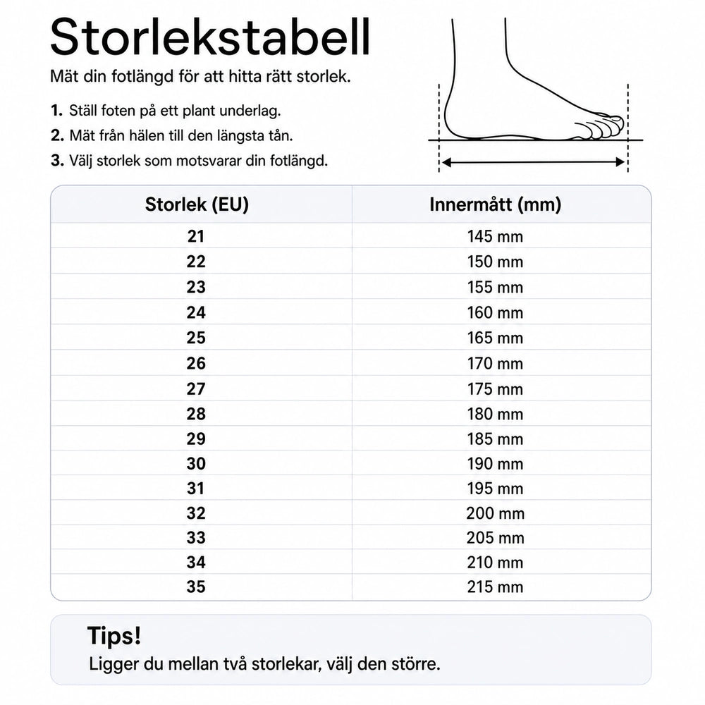 Storlekstabell: EU-storlek och innermått (mm) för sandaler