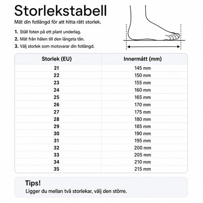 Storlekstabell: EU-storlek och innermått (mm) för sandaler